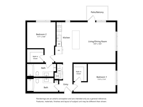 A floor plan of a home with two bedrooms, a living/dining room, a kitchen, a bathroom, and a patio/balcony.